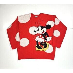 Disney Parks Minnie Mouse Sweater Size Large Red White Polka Dots Pullover Knit